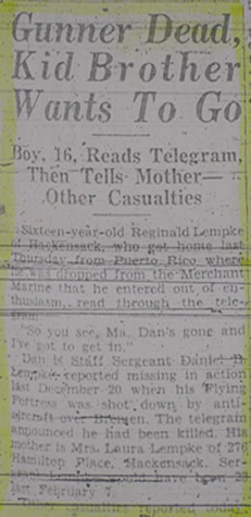 Gunner Dead article page 1 June 21 1944 The Bergen Evening Record